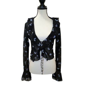 Sheer Butterfly Top Whimsigoth Fairy Grunge Dark Romantic Tie Front Blouse S